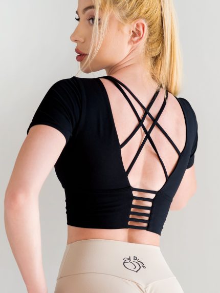 Women's black sports blouse with pads and cross back