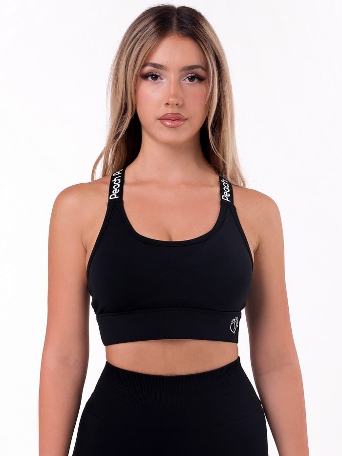 Black sports bra with inscriptions and push-up padding