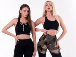Black sports bustier with Peach Pump lettering and padding